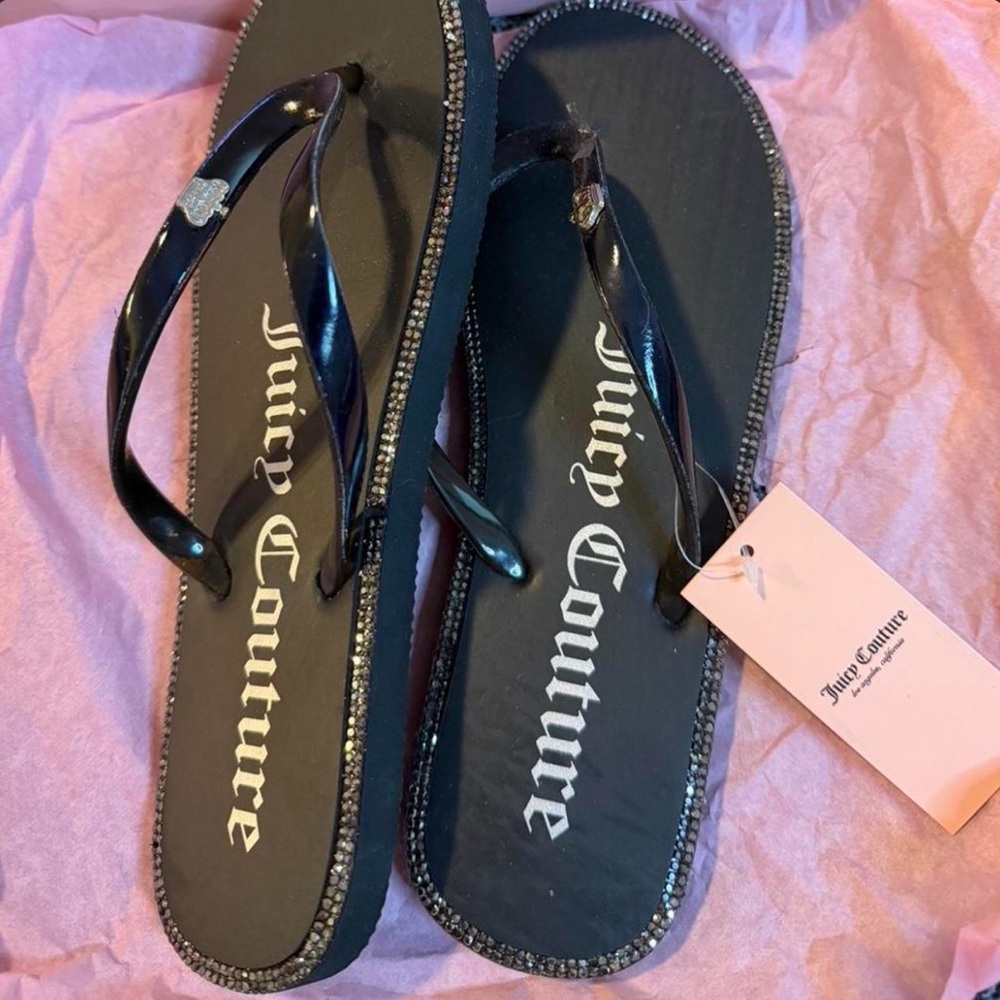 Juicy Couture JC Sparks Flip Flops Black Iridescent Rhinestone Size 7 New w/ Box